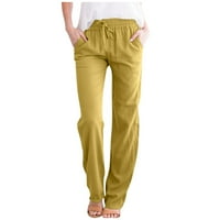 Ženske ljetne casual posteljine hlače labave ravne noge elastični džepovi za strugove Duksevi Žuta 3xl