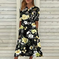 Ljetne haljine za žene cvjetni srednji dužina A-line kratkih rukava za slobodno vrijeme V-izrez haljina Yellow XL