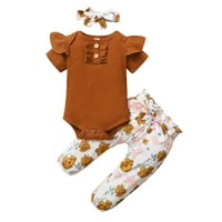 Penkiiy novorođenčad dječje djevojke Solid ruffled romper bodi + cvjetne hlače za print set princeze
