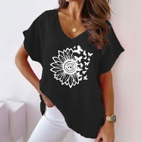 TKLpehg Ženska Ljetna odjeća Dame vrhovi kratkih rukava T majice Casual Relapoženi Fit V-izrez cvjetni ispisani bluze crne boje