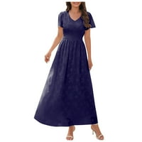 Ležerne haljine za žene labave srednje dužine kratkih rukava V-izrez Čvrsta plaža A-line haljina plava xxl