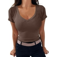 Manxivoo T majice za žene V. Vreta TEE košulja rebrasta upredna majica kratkih rukava Basic Knit Top