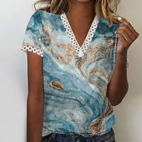 Caveitl ženska majica, modni ženski ljetni V-izrez čipke patchwork kratkih rukava casual top bluza plava,