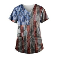 SKSLOEEG CRIPBS vrhovi za žene USA zastava Stars Stripes Ispiši V-izrez T-majice TEE piling vrh s džepovima, tamno siva xxxxxl