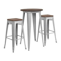 Offe 24 okrugli srebrni metalni bar set sa drvenim toplim i leđnim stolicama