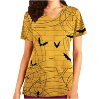 Oalirro kratki rukav V izrez Grafički print Halloween bluza za žene Yellow-XL