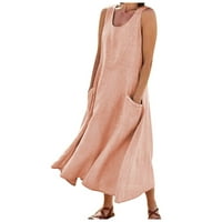 Haljine za žene Žene Modni casual Solid Boja bez rukava pamučna posteljina haljina ružičasta xl