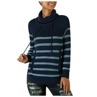 Ženska jesen i zimska pruga s visokim rukavima Ležerni temperament dugih rukava Pleteni džemper sa kapuljačom džemperi za žene pulover džemper plavi s