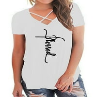 Pfysire Ženska majica kratkih rukava Cat tiskana V-izrez čipka za bluzu vrhunska bijela m