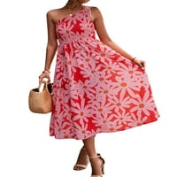 Ženski cvjetni print kosi ramena visoka struka Smane Flowy Hem Midi haljina