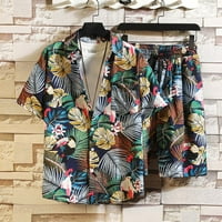 Muški havajski u stilu plus veličine Tropical palmi drvo Ispis kratkog rukava Donw Cardigan majice i kratke hlače Ljetna povremena dva seta tamnoplava