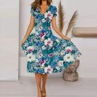 Ljetne haljine za žene Srednja duljina za slobodno vrijeme od tiskane kratkih rukava A-line V-izrez Dress Blue XL