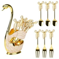 Ponuđeni metalni desertni kašičice viljuške postavljene sa držačem za pohranu koji poslužuju hranu s plovnim posudom vruće pitke čajne žličice ukrasne večere zlato