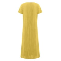 Tking modne ležerne haljine za žene Čvrsto boje kratki rukav O vrat pamučni posteljina džepova duga haljina dame plaže Ljetne haljine žute 2xl