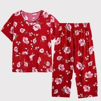 Ženske pamučne posteljine pidžame setovi gumb za ispis kratki rukav za spavanje na vrhu i mekane elastične