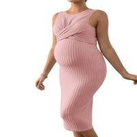 Ženska casual obična okrugla vrata Bodycon bez rukava ružičaste materinske haljine L