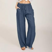 HHEI_K Žene Ležerne prilike pune pamučne posteljine elastične struke Duge hlače sa dugim hlačama