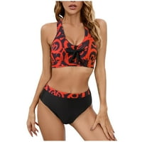 Odeerbi Plus Veličina Skromni kupaći kostimi za žene Fashion Printing Vest Split Bikini Garnitura kupaći kostim crveni