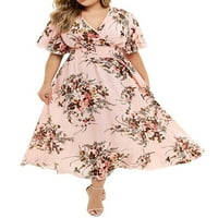 Niveer dame Ljeto Maxi haljine cvjetni print suncu plus veličina duga haljina lagana v izrez ružičasta 5xl