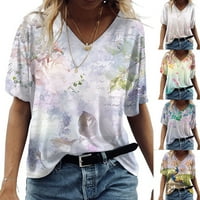 Ženska majica za vrat modni casual digitalni tisak sa cvijećem i pticom s kratkim rukavima s kratkim