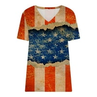 Juli Žene tuničke vrhove vintage zastava tiskana V izrez majica Ljetni kratki rukav casual dan nezavisnosti