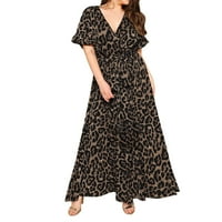 Modne žene plus veličina Leopard Print V-izrez Haljina za zavoj s kratkim rukavima za žene plus veličina