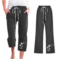 Mrat Womens Obrežene hlače Čvrsto boje elastične labave hlače Ravne široke noge Workout Capris kauzalne