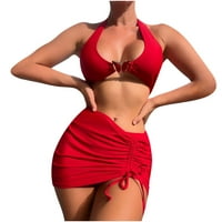 ECQKAME WOMENS odijelo za kupaći kostim splitsko tijelo Halter Solid Bikinis setovi natrag TOP TONG THONG sa sarongom Poklopac Up suknje Prodaja crvene klirence