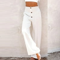 Žene Ljeto s visokim strukom pamučne posteljine palazzo hlače široke noge dugih salona hlače hlače sa džepom bijeli XL