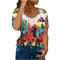 Ženski vršak V-izrez patchwork vrhova kratkih rukava T-majice tiskane majice na vrhu bluze s
