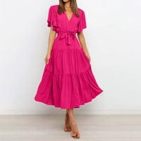 Ženske oblače V-izrez Moda Srednja duljina SOLID A-Ljetna haljina kratkih rukava vruće ružičaste s