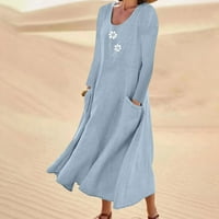 Zimske haljine za žensko čišćenje ženskog dugih rukava Ispis pamučnog posteljina okrugla vrata džepna