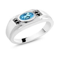Gem Stone King 1. CT ovalni švicarski plavi Topaz Black Diamond Sterling Srebrni muški prsten
