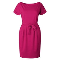 Ženska haljina plus veličina A-line pune boje kratkih rukava kratkih rukava vrat duljina koljena haljina ljetne haljine sa lukom s lukom vruće ružičaste xxxl