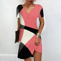 Žene Ljetna kratka haljina Štamparija s kratkim rukavima V-izrez Mid-haljina Pink XXL