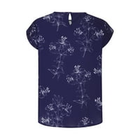 Ženske vrhove Žene Ljetni modni casual tiskani okrugli vrat Dugme s kratkim rukavima Labavi majice Plavi