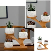 Sova sopci sa držačem štanda od bambusa - bijeli moderni ukrasni keramički sadnica cvijeća biljka sa drenažom - kućni uredski stol vrt Mini kaktus lonac u zatvorenom ukrasu