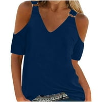 tklpehg vrhovi za žene casual majice kratkih rukava Udobne čvrste boje Modni labavi V-izrez hladni rame