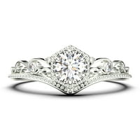 Antique Milgrain Art Deco 1. Carat Round Curt Crown Diamond Moissite Angažman prsten, ugravirani vjenčani