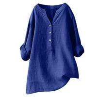 Puntoco Plus Veličina Ženska V-izrez dugih rukava s dugim gumbom Pamuk i posteljina tunička majica Ljetne majice Bluza Plava 10