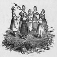 Djevojke koje igraju, 1844. Ngirls u igri, sa rukama pridružene u krugu. Graviranje drva, američki, 1844. Poster Print by