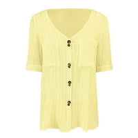 Ženski ljetni vrhovi gumni gumb pune boje dolje majice kratki rukav V bluza za izrez casual vrhovi
