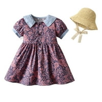 Ljetne haljine djevojke cvjetni pamuk kratki rukav šešir midi haljina ljubičasta 2Y-3Y