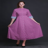 Bimba Fuschia Pink Geometric Anarkali haljina mandarina ovratnik bez rukava Kurtis za žene Print Maxi