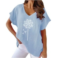 Prevelike majice za žene Pamuk posteljina V-izrez grafički ispis bluza bat rukavske ljetne majice, plava,