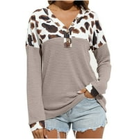 Ženska leopard patchwork majice padaju modni dugi rukav Henry majica V izrez labavi fit pulover bluze