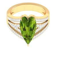 Oblik srca Peridot Prsten pasijansa sa moissine za žene - Split prsten za osovinu, 14k žuto zlato, SAD