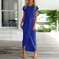 Ženske haljine okrugli dekolte modna čvrsta dužina gležnja a-line ljetna haljina kratkih rukava plava