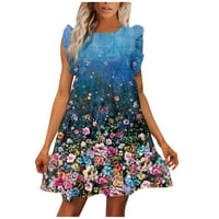 APEPAL ženski ljetni cvjetni minidjeljenjak ruffle rukave okrugli izrez Smock Flowy Pleased kratka haljina plava s