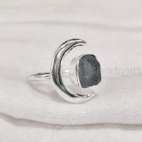 Prirodni plavi apatitni prsten, grubi prsten za apatitni, polumjesec Moon Podesivi prsten, srebro, ženski